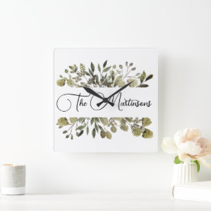 Horloge Carrée Aquarelle tendance Nom de famille botanique