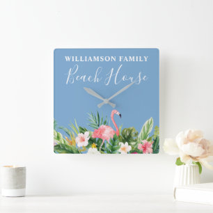 Horloge Carrée Aquarelle Tropical Floral Family Plage Bleu