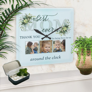 Horloge Carrée Aquarelle Turquoise Turquoise Feuilles Maman Photo