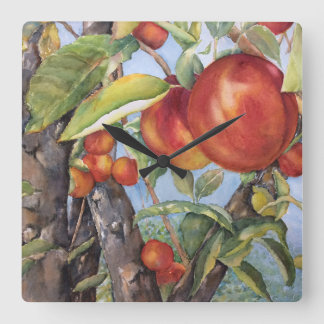 Horloge Carrée Aquarelle Verger de Pêchers Récolte de Fruits