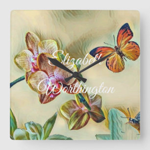 Horloge Carrée Aquarelle vintage Fleurs d'orchidée rose jaune