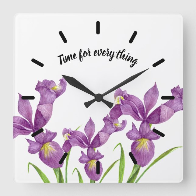 Horloge Carrée Aquarelle violet Iris Botanique Floral Art (Recto)