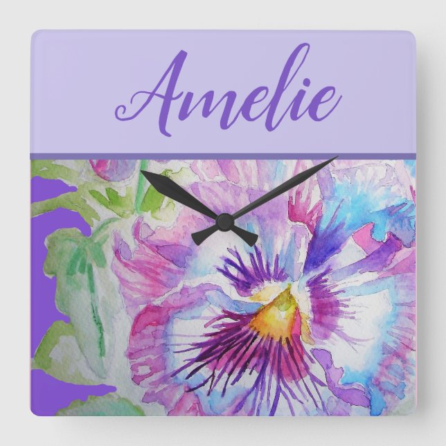 Horloge Carrée Aquarelle violette Panseuse Jolie Fleur Florale (Recto)