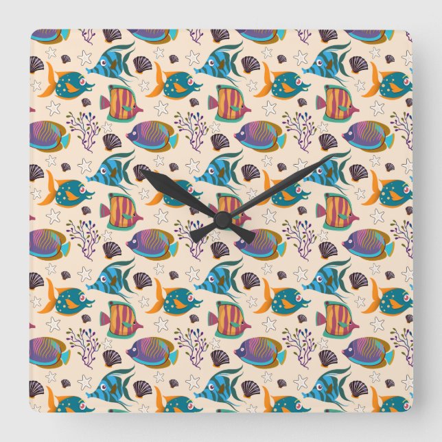 Horloge Carrée Aquatic animals pattern | ocean underwater life 5 (Recto)