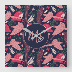Horloge Carrée Ara Parrot Red Tropical Leave Motif Monogramme