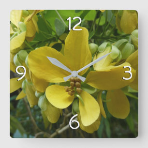 Horloge Carrée Arbre à douche dorée Tropical Jaune Floral