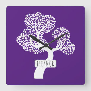 Horloge Carrée Arbre Abstrait cercle blanc et nom royal violet