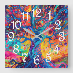 Horloge Carrée Arbre coloré de la vie Arc-en-ciel Sérénité Nature
