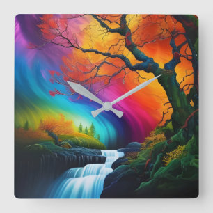 Horloge Carrée Arbre d'automne, cascades de cieux arc-en-ciel