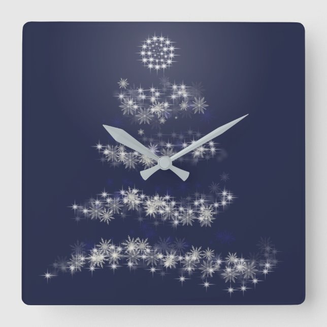 Horloge Carrée Arbre de Noël argenté simple sur le bleu (Recto)