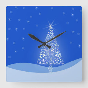 Horloge Carrée Arbre de Noël Bleu Blanc Joyeux Étoiles Veilleuse