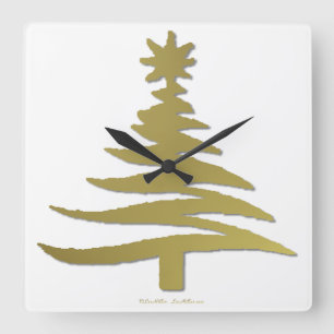 Horloge Carrée Arbre de Noël Moderne Pochoir Impression Or