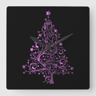 Horloge Carrée Arbre de Noël rose métallique Élégant