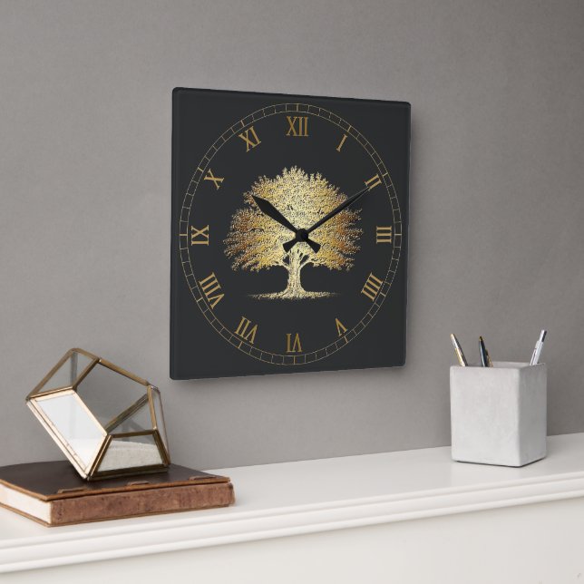 Horloge Carrée Arbre d'or de vie (Chêne) (Bureau)