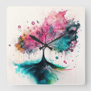 Horloge Carrée Arbre mystique moderne & gras (bleu, rose, orange)