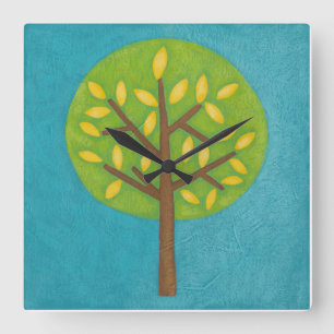 Horloge Carrée Arbre vert avec le feuille jaune de Chariklia