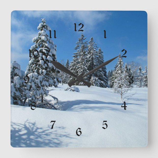 Horloge Carrée Arbres couverts de neige, Scène d'hiver (Recto)