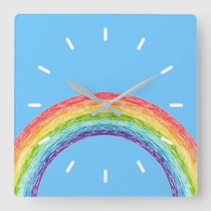 Horloge Carrée Arc en ciel et ciel bleu