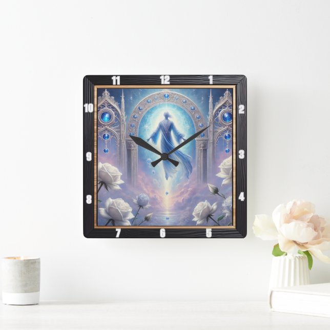 Horloge Carrée Arche Ethérée Roses blanches encadrées (Maison)