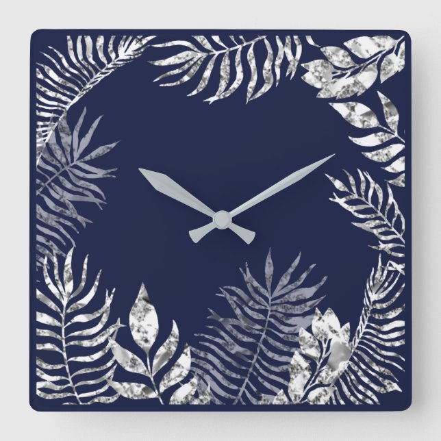 Horloge Carrée Argent gris bleu marine Palm Botanique Métal (Recto)