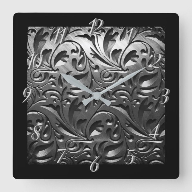 Horloge Carrée Argent métal gravé look abstrait gris acier (Recto)