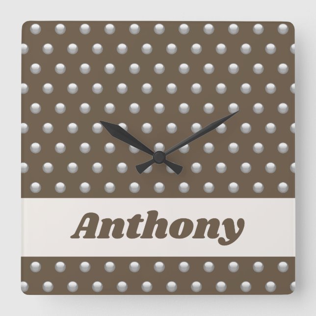 Horloge Carrée Argent métallique moderne et point de polka Brown  (Recto)