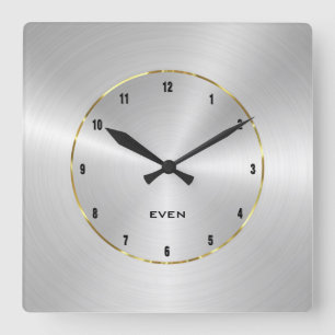 Horloge Carrée Argent métallique poli brillant avec cercle or