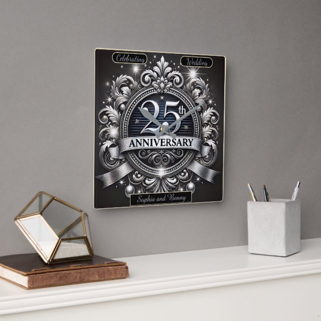Horloge Carrée Argenterie intemporelle : 25e anniversaire (Bureau)