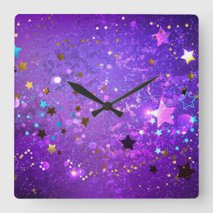 Horloge Carrée Arrière - plan de feuille violet avec étoiles