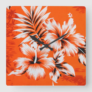 Horloge Carrée Arrière - plan de fleur d'Hibiscus hawaïen