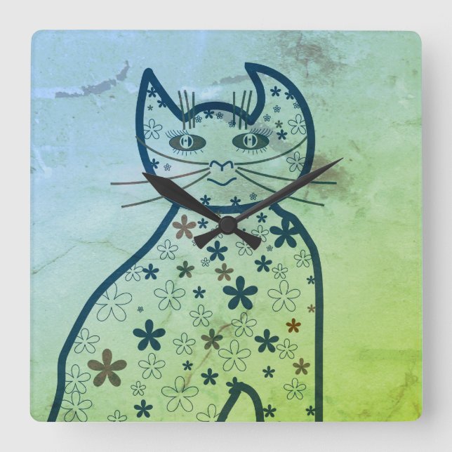 Horloge Carrée Art, Belle Clipart de chat (Recto)