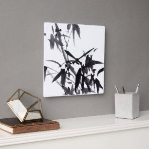 Horloge Carrée Art chinois avec motif en bambou