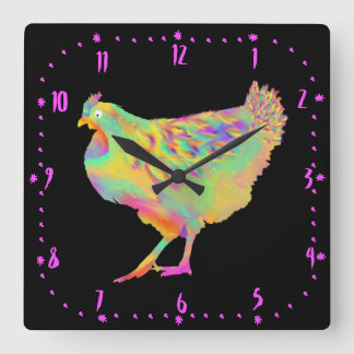 Horloge Carrée Art coloré de poule dansante drôle de ferme Art