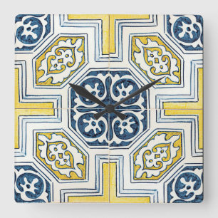 Horloge Carrée Art de carreaux floraux géométriques bleu jaune