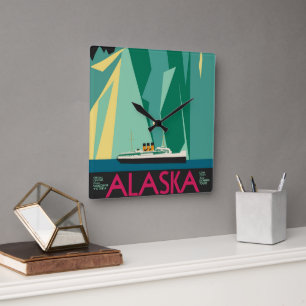 Horloge Carrée Art de l'affiche de voyage vintage de l'Alaska, gl
