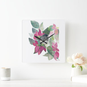 Horloge Carrée Art de l'aquarelle d'oiseaux Dark Eyed Junco