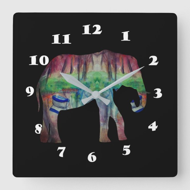 Horloge Carrée Art de l'aquarelle éléphante (Recto)