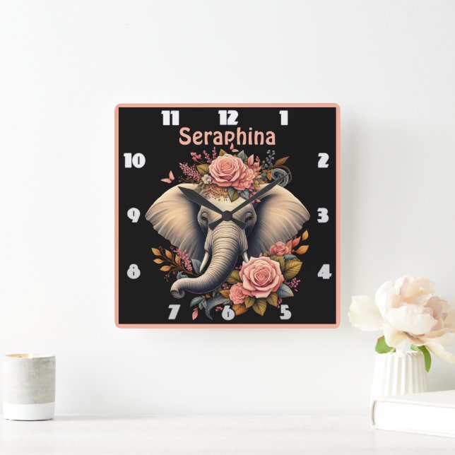 Horloge Carrée Art de l'éléphant de l'aube fleuri (Maison)