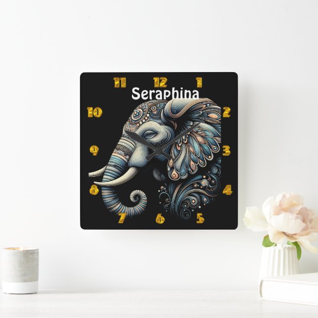 Horloge Carrée Art de l'éléphant de l'aube fleuri (Maison)