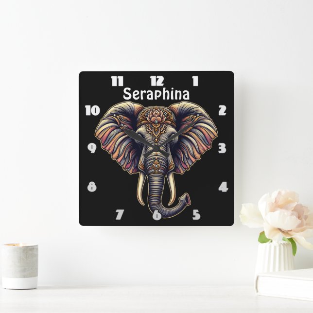 Horloge Carrée Art de l'éléphant de l'aube fleuri (Maison)