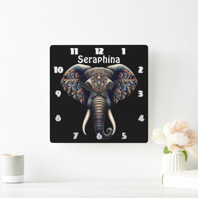 Horloge Carrée Art de l'éléphant de l'aube fleuri (Maison)