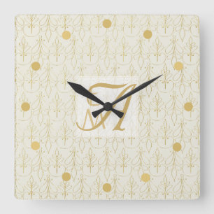 Horloge Carrée Art Déco 3 Monogramme initial Gold Cream Motif