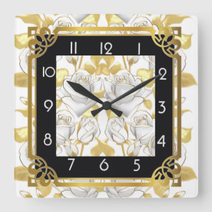 Horloge Carrée Art déco avec roses dorés