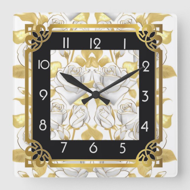 Horloge Carrée Art déco avec roses dorés (Recto)