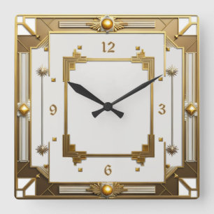 Horloge Carrée Art Déco Elegant Blanc et Or