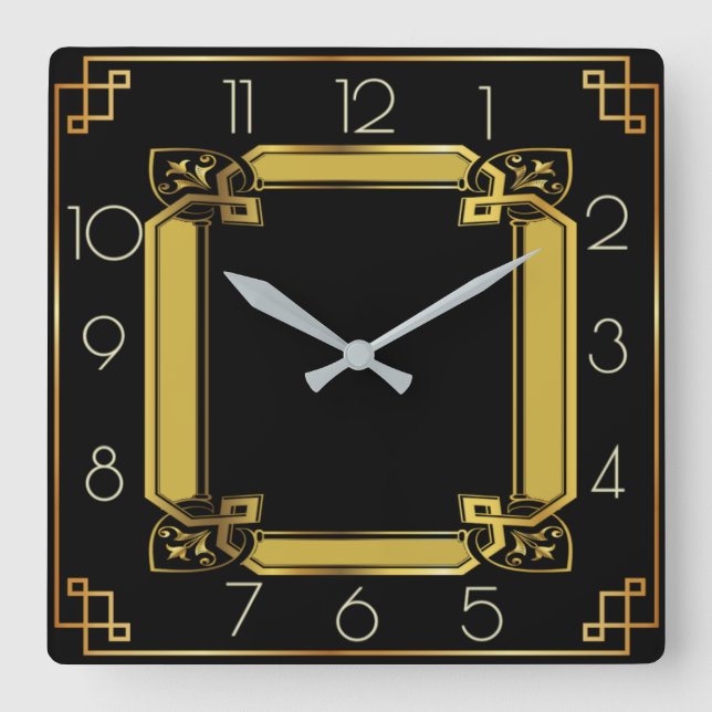 Horloge Carrée Art déco élégant noir et or (Recto)