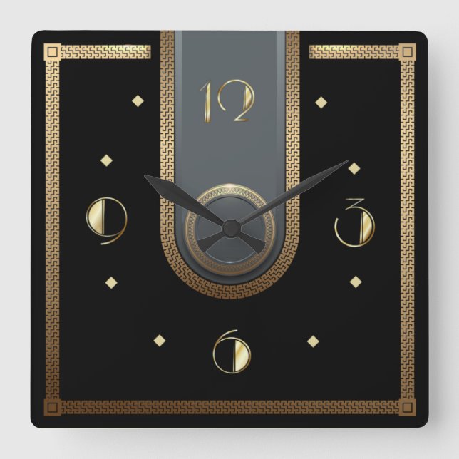 Horloge Carrée Art déco élégant noir et or (Recto)