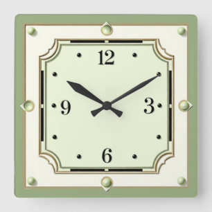Horloge Carrée Art Déco Élégant Vert Doux