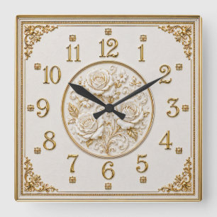Horloge Carrée Art Déco Élégante Rose Blanche
