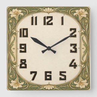 Horloge Carrée Art Déco Floral Vert